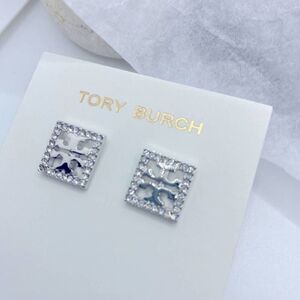 NWOT Tory Burch Silver Logo Pave Sqaure Stud Earrings